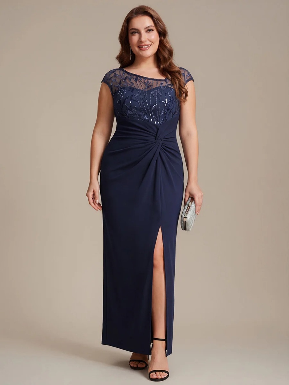Elegant Slate Blue Evening Gown with Embellished Illusion Bodice